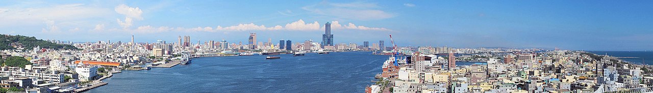Kaohsiung's skyline viewed from Kaohsiung Lighthouse in Cijin District, with the 85 Sky Tower right of center.