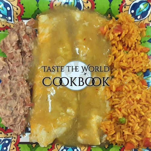 Green Chili Enchiladas with Mexican Yellow Rice and Refried Beans
