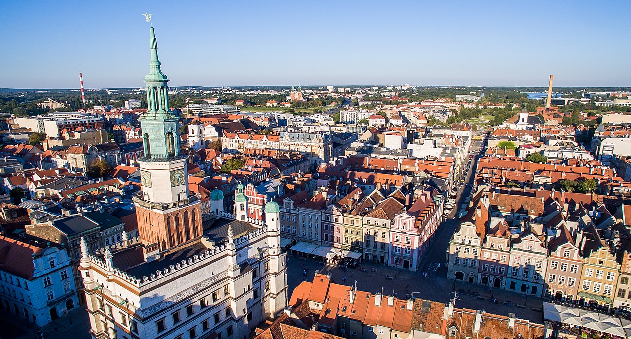 A view of the City Hall and the Old Town in Poznan from an unusual perspective.