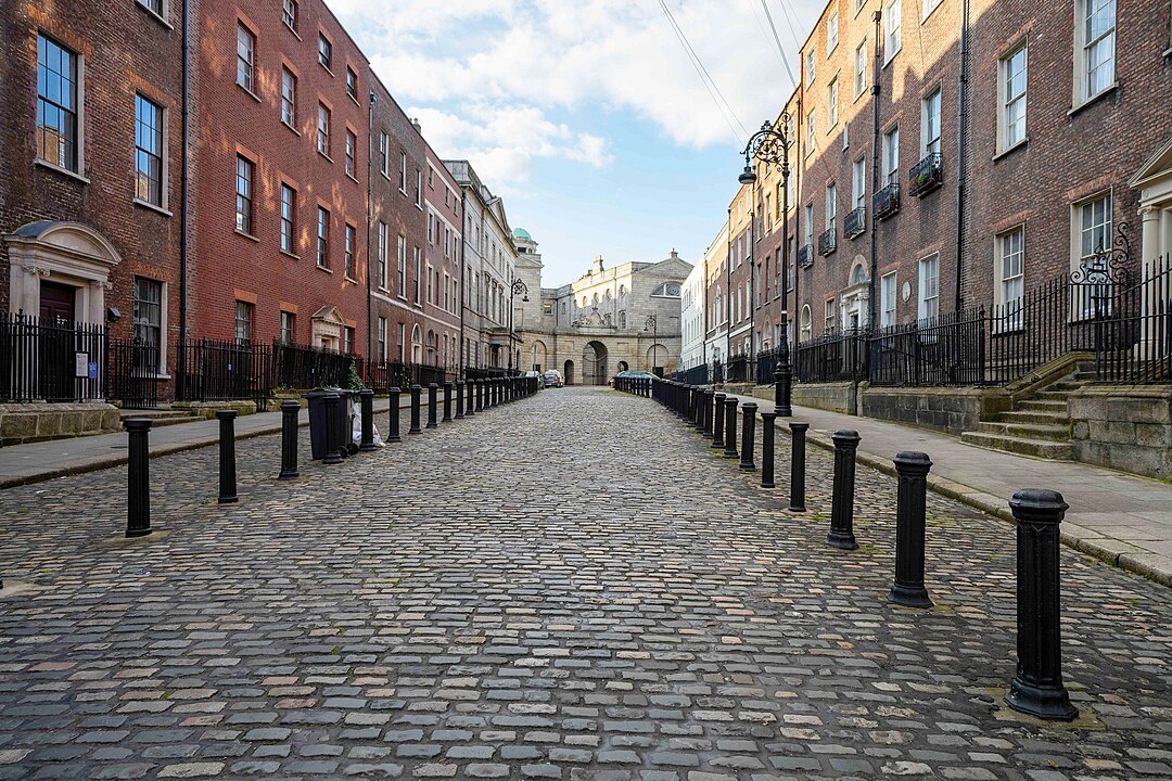 Historic Henrietta Street in Dublin showcasing early Georgian architecture from the 1720s.