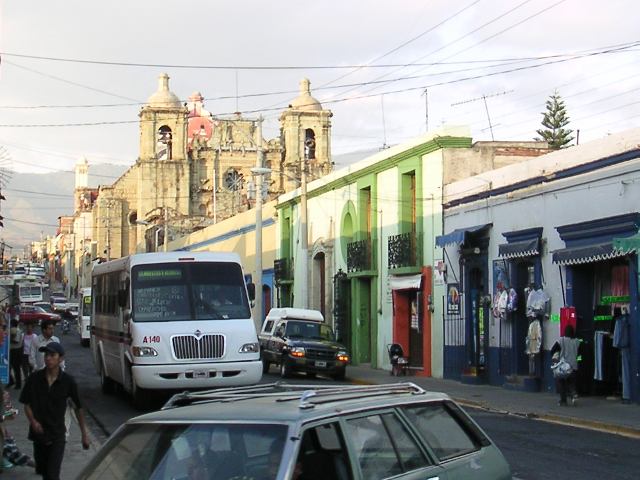 Calle Tinoco y Palacios with the Church of San Felipe Neri in Oaxaca, Mexico