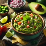 Freshly made guacamole in a ceramic bowl surrounded by ingredients