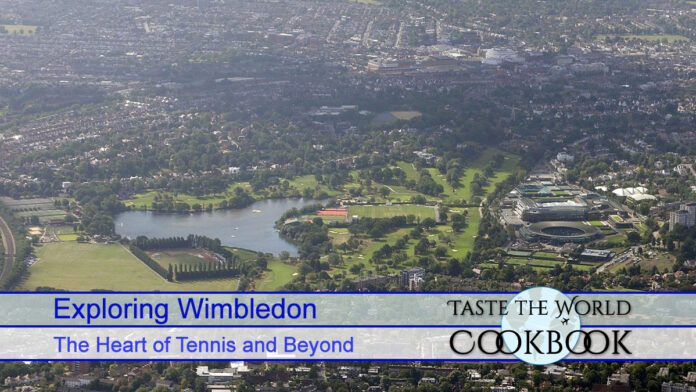 Aerial view of Wimbledon, London, showcasing green spaces, tennis courts, and residential areas.